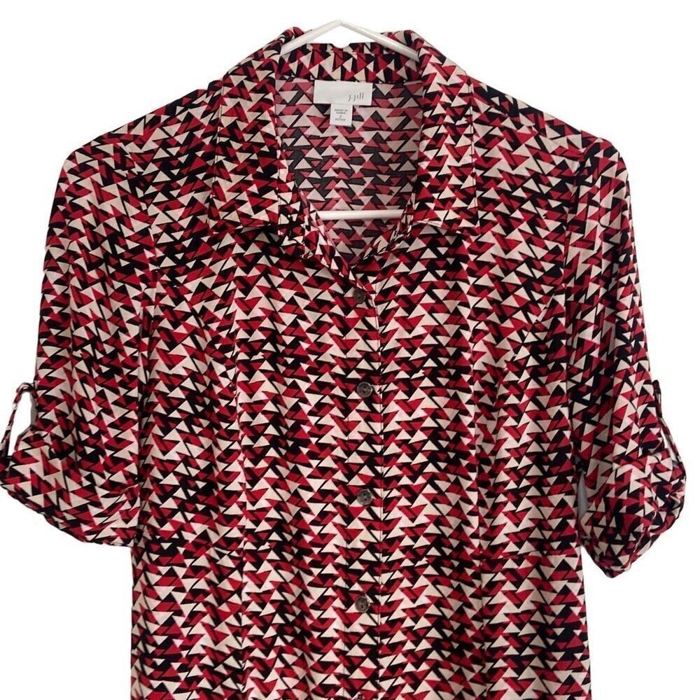 J. Jill Red Black White Geometric Button Front Shirt Dress Roll Tab Sleeves 2P